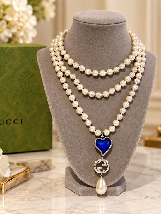 Jewelry - Gucci Runway Pearl Blue enamel heart GG Reversible Pendant Necklace